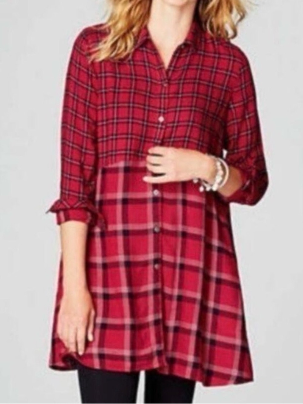 J. Jill Mixed Plaid Button Up Long Sleeve Tunic Dress Blouse Size Large